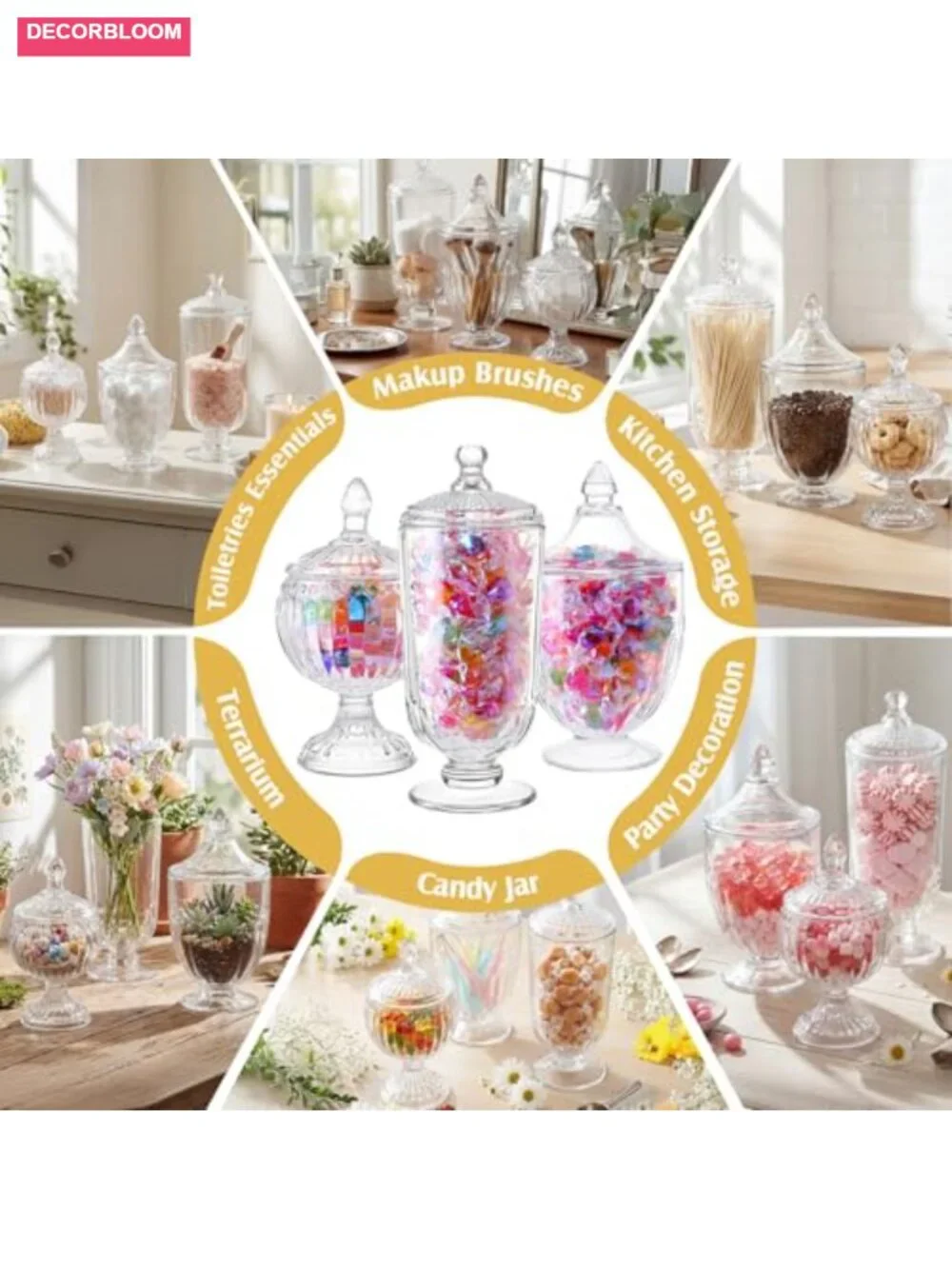 3 Glass Apothecary Jars with Lids - Candy Buffet Storage Canisters Home Decor